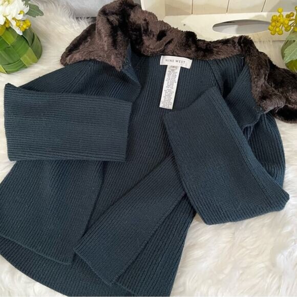 NEW Nine West Vintage Wool Faux Fur Ribbed Swing Cardigan Sweater Jacket S NWOT - Picture 9 of 15